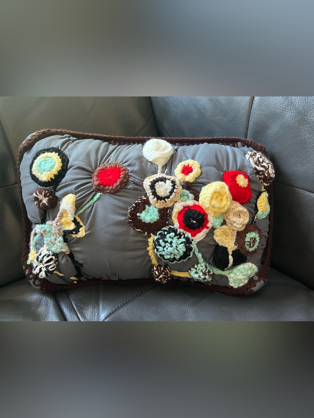 Handmade Crochet Floral Accent Throw Pillow Gray Decorative Cushion 10x6x4